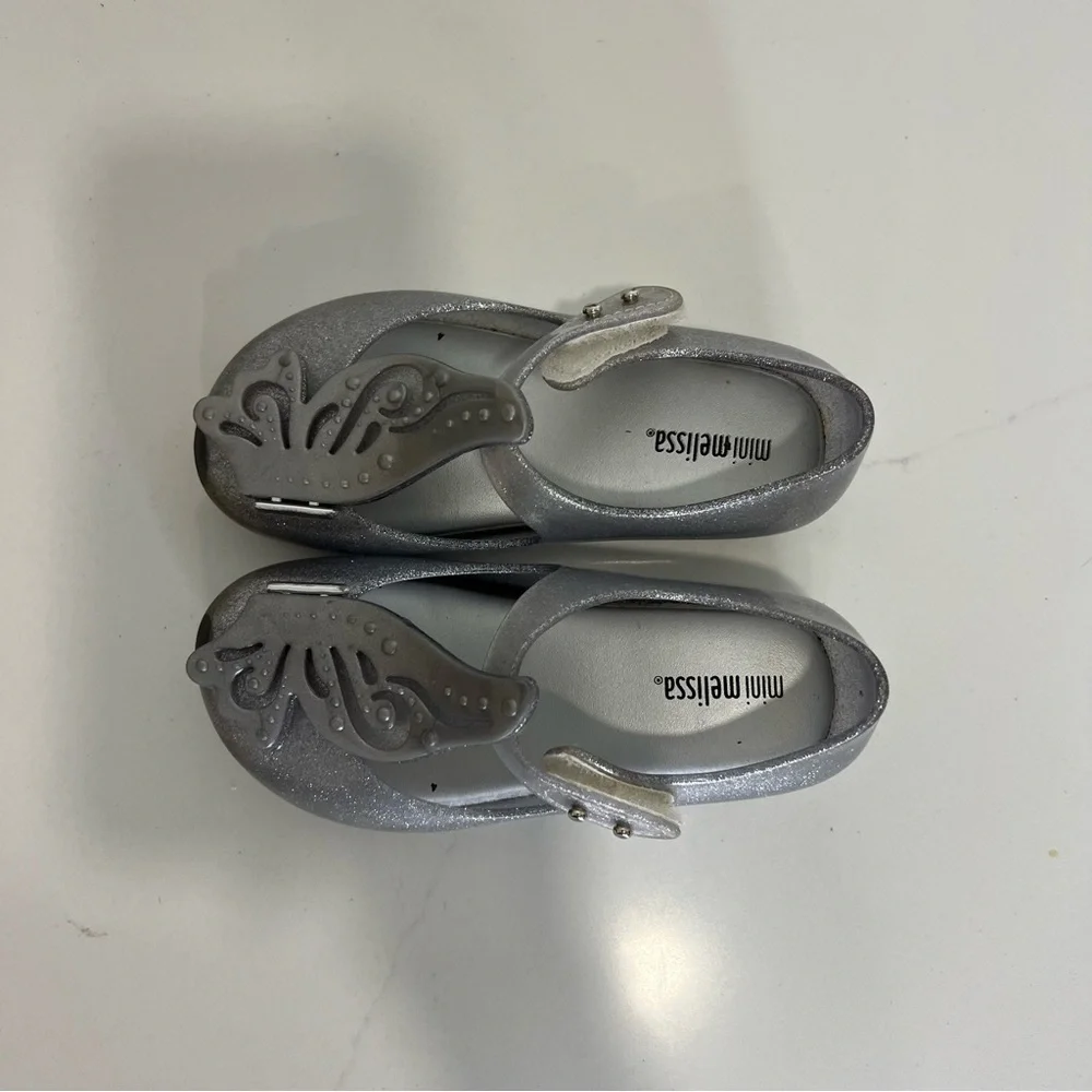 Mini Melissa Kids' Silver Glitter Shoes with Butterflies size 9